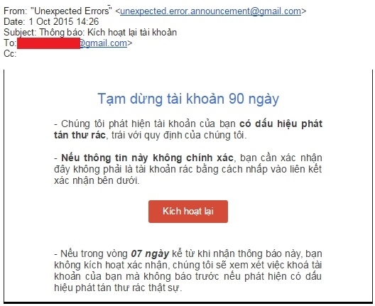 Nội dung một email lừa đảo