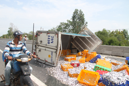 Xe chở cá đông lạnh lật nhào trên quốc lộ