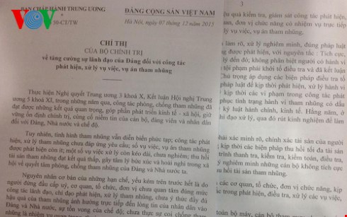 Bộ Chính trị ra chỉ thị tăng cường xử lý vụ việc, vụ án tham nhũng