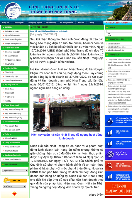 Cổng thông tin điện tử TP. Nha Trang đã thực hiện việc nêu tên doanh nghiệp vi phạm