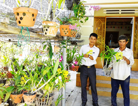 Cán bộ Hội Cựu chiến binh xã Vĩnh Ngọc thăm vườn lan của ông Chiêu