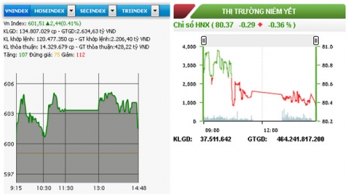 HNX-Index vẫn giảm, VN-Index vượt mốc 600 điểm