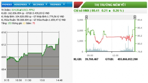 Hai sàn đồng loạt tăng, VN-Index cộng thêm hơn chín điểm