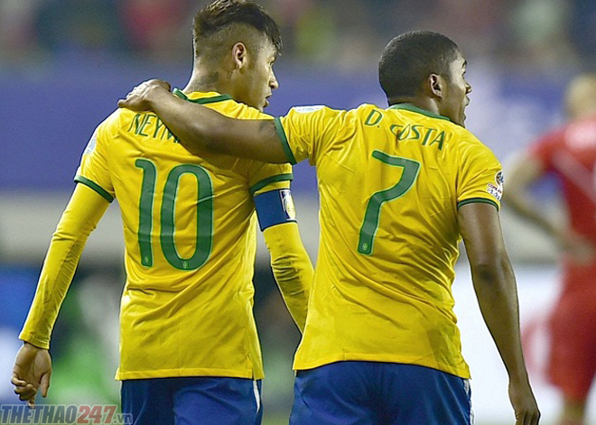 Neymar và Douglas Costa, 2 ngôi sao sáng trong đội hình đội tuyển Olympic Brazil.
