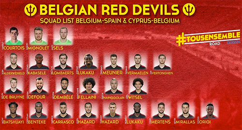 Danh sách tuyển Bỉ chuẩn bị đá hai trận vòng loại World Cup 2018 với Tây Ban Nha và Cyprus.
