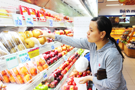 Khách hàng đang chọn mua trái cây nhập khẩu tại siêu thị Co.opmart Nha Trang
