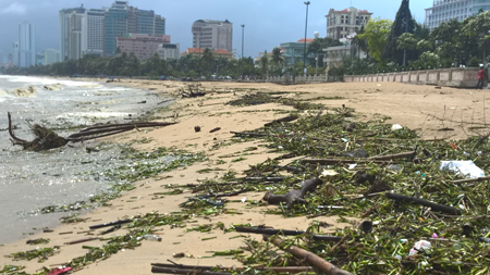 Cả ngàn tấn rác bị sóng đánh dạt vào bãi biển Nha Trang