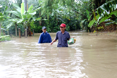Nhiều đoạn đường trong khu dân cư ở thôn Trung (Vĩnh Phương) bị ngập sâu