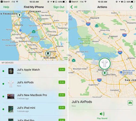 Giao diện Find My AirPods trên iOS 10.3 beta