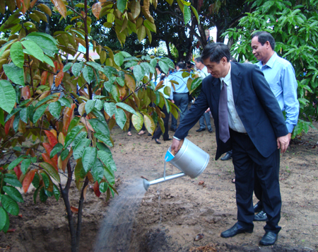 Ông Lê Đức Vinh tham gia trồng cây tại Văn miếu Diên Khánh.