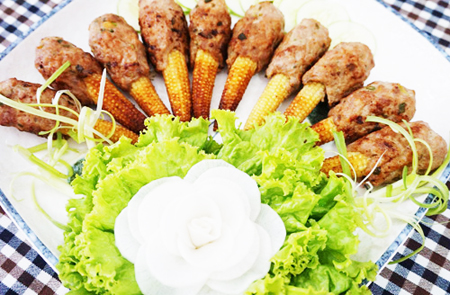 Chả tôm thịt bọc ngô bao tử chiên