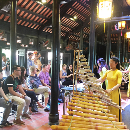 Watching Vietnamese traditional musical instrument performances.