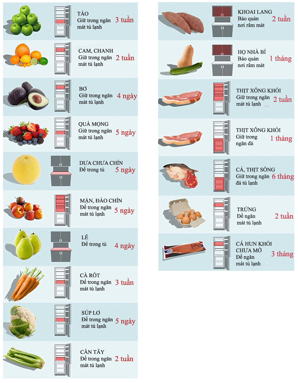 Thời gian bảo quản tủ lạnh tối đa với từng loại thực phẩm