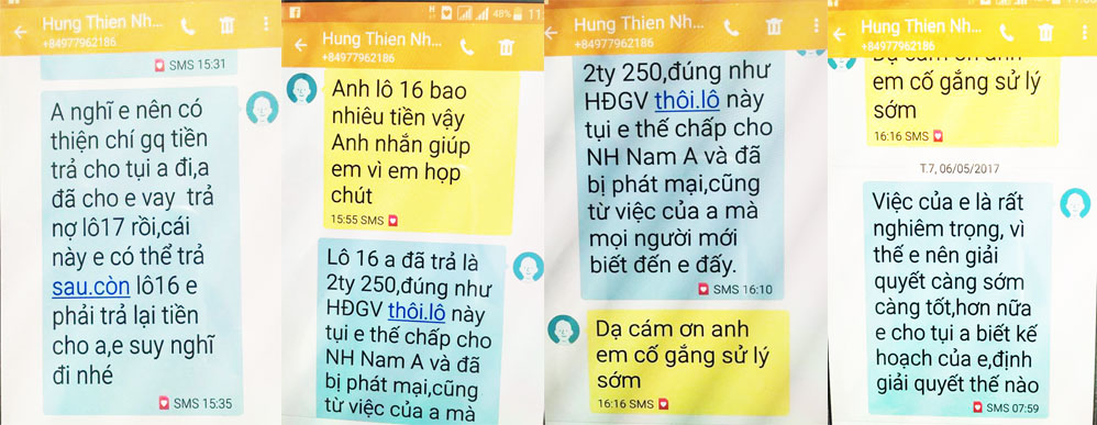 Tin nhắn qua lại giữa ông Hùng và khách hàng là vợ chồng bà Nguyễn Nguyệt Thu