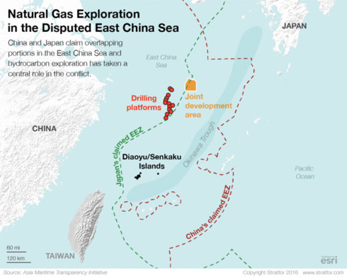Hoạt động thăm dò khí ga tự nhiên ở khu vực tranh chấp trên biển Hoa Đông. (Ảnh: Stratfor)