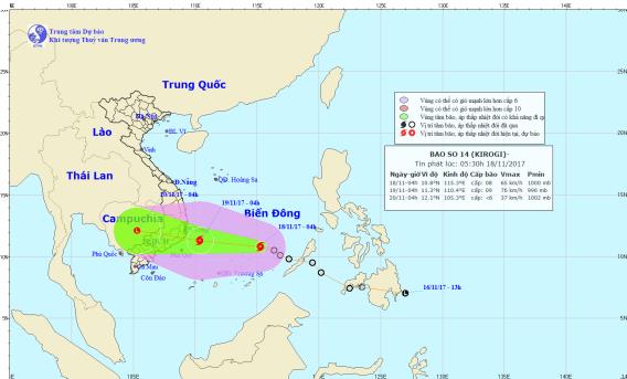 Từ sáng đến trưa mai (19-11) bão số 14 sẽ đổ bộ vào đất liền