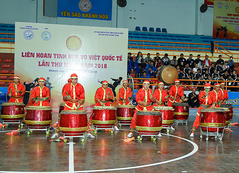 Practitioners of Bich Quang martial art in Khanh Hoa performing with drums at opening ceremony