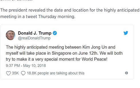 Tổng thống Trump: Cuộc gặp Mỹ-Triều sẽ diễn ra tại Singapore ngày 12/6