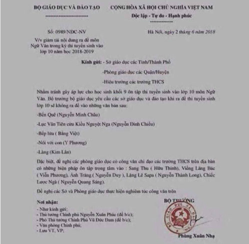Bộ Giáo dục bị làm giả công văn giảm tải nội dung môn Văn thi vào lớp 10
