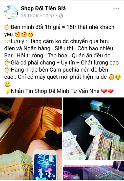 Tiền giả được rao bán công khai trên mạng xã hội.