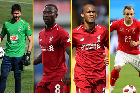 Alisson, Naby Keita, Fabinho và Xherdan Shaqiri - 4 tân binh của Liverpool trước mùa giải 2018-2019.