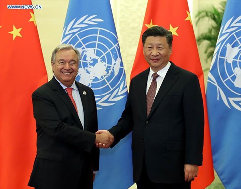 Chủ tịch Trung Quốc Tập Cận Bình và Tổng Thư ký Liên Hợp Quốc Antonio Guterres (Ảnh: Tân Hoa xã)