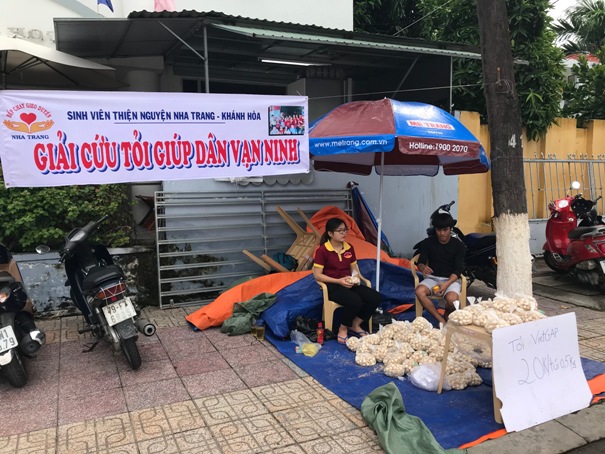 Nhóm thiện nguyện Bếp chay Giao Duyên lập điểm bán tỏi trên đường Lê Thanh Tôn (TP. Nha Trang) giúp nông dân huyện Vạn Ninh .