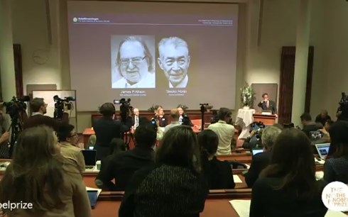 Chân dung 2 nhà khoa học Mỹ và Nhật Bản tại buổi họp báo công bố người đoạt giải Nobel Y học 2018. Ảnh: Nobel Prize.