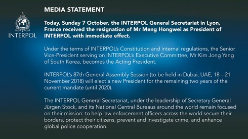 Interpol ra thông báo việc ông Meng từ chức. (Ảnh: Twiiter) 