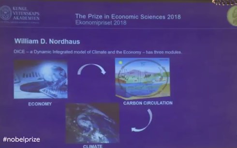 Slide giới thiệu về nghiên cứu của nhà kinh tế học Nordhaus. Ảnh: NobelPrize.