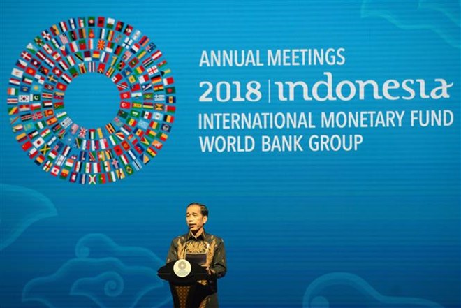 Tổng thống Indonesia Joko Widodo phát biểu tại Hội nghị IMF và WB ở Bali, Indonesia, ngày 11/10. (Nguồn: AFP/TTXVN)