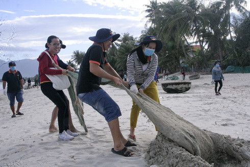 Các công nhân cùng người dân cố gắng kéo tấm lưới hỏng nằm ẩn dưới lớp cát, để đưa đến bãi rác.