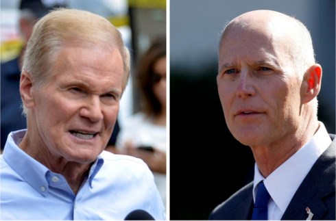 Thống đốc Rick Scott (phải) thuộc đảng Cộng hòa đang dẫn trước Thượng nghị sĩ Bill Nelson trong cuộc bầu cử giữa kỳ ở Mỹ năm 2018. Ảnh: Reuters.