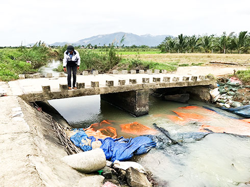 Cầu tràn Cây Dừa bị sụt lún được gia cố bằng bạt và các bao cát.