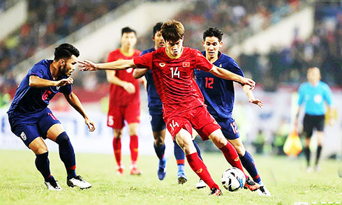 Hoàng Đức (số 14), một trong những cầu thủ trẻ  thi đấu ấn tượng trong đội hình U23 Việt Nam  tại vòng loại U23 châu Á 2020. Nguồn: Internet