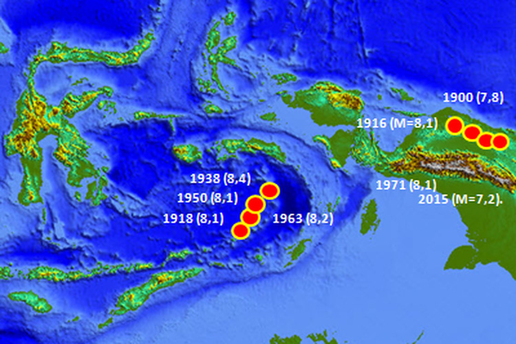 Sơ đồ các trận động đất mạnh tại Mamberamo và biển Banda. Nguồn : Kompas.