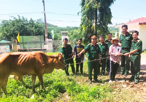 Cán bộ Bộ CHQS tỉnh Khánh Hòa và các đơn vị trong khối trao tặng bò giống cho các hộ.