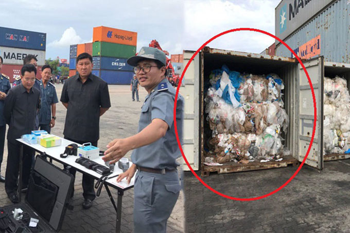 Lực lượng chức năm Campuchia điều tra số rác thải nhựa bị nhập khẩu trái phép. Ảnh: Kromanews.