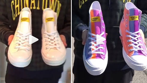  Giày màu trắng khi ở trong nhà (trái) và đổi màu khi ra ngoài nắng