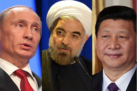 Từ trái sang: Tổng thống Nga Putin, Tổng thống Iran Rouhani và Chủ tịch Trung Quốc Tập Cận Bình. Ảnh: Dunya News