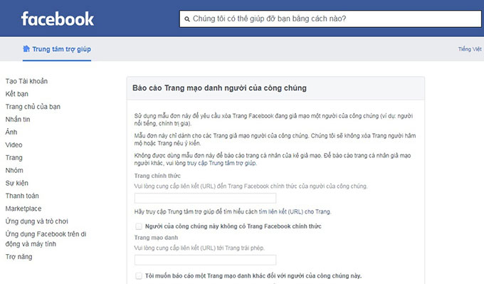 Facebook có một trang web để tiếp nhận thông báo từ người dùng về các tài khoản giả mạo.