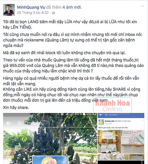 Một nạn nhân tố cáo Quảng Lâm trên facebook.