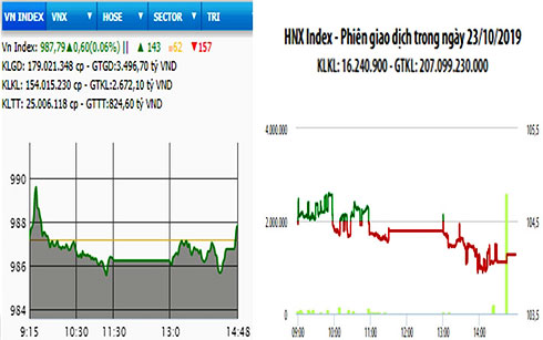 Diễn biến VN-Index và HNX-Index, phiên giao dịch ngày 23-10.