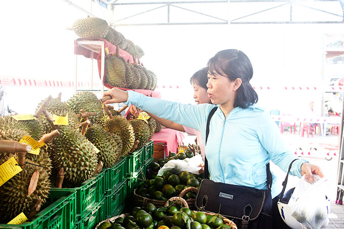 Người dân chọn mua nông sản tại Tuần lễ nông sản Khánh Sơn ở Siêu thị Co.opmart Nha Trang.