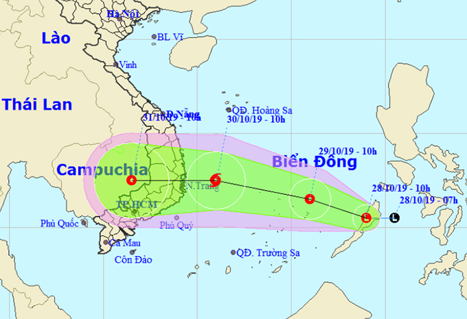Vị trí và hướng di chuyển của áp thấp nhiệt đới trên biển Đông