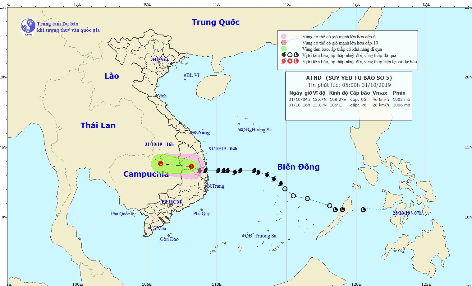 Bão số 5 đã suy yếu thành áp thấp nhiệt đới