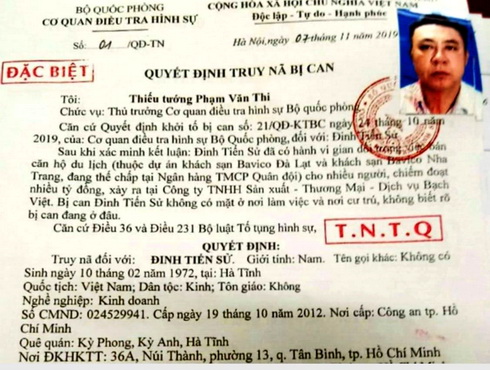 Quyết định truy nã bị can Đinh Tiến Sử của Cơ quan điều tra hình sự Bộ Quốc phòng