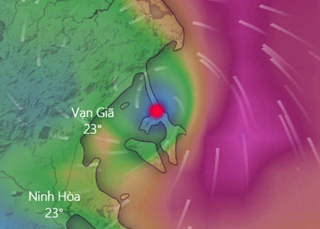 Vị trí bão đổ bộ vào xã Vạn Thạnh từ 23 giờ ngày 10-11 theo dự báo của Windy