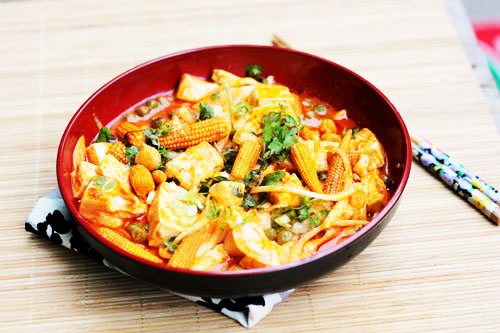 Đậu phụ non om ngô bao tử và cồi sò điệp