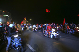 Football fans in Nha Trang take to the streets celebrating Vietnam's EA Games semi-final win